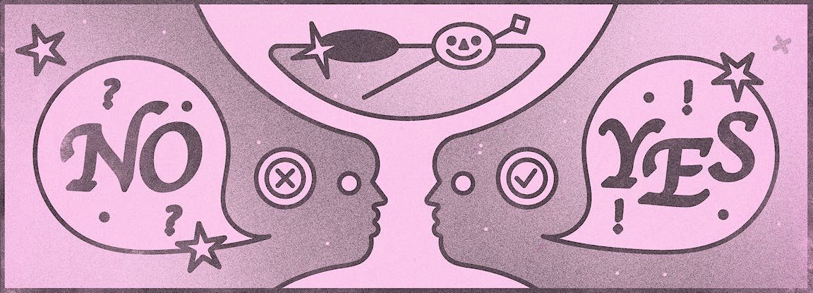 An illustration of a martini with speech bubbles reading "yes" and "no."